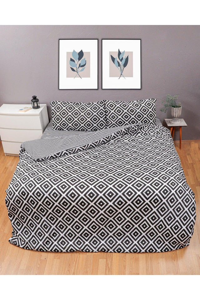 Black Striped Checkered Duvet Cover Set Cotton Ranforce Fabric, Reversible - Black - Swordslife