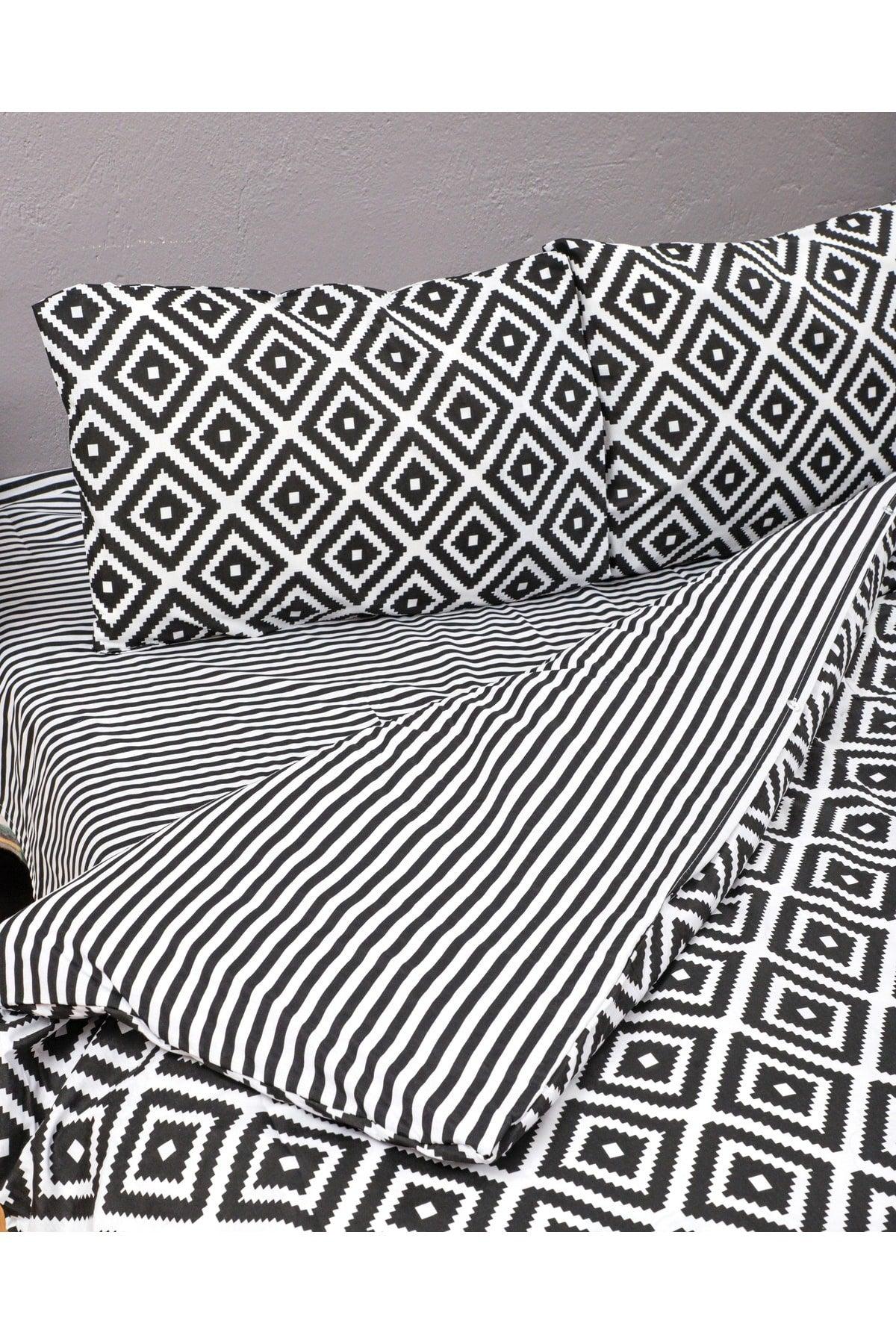 Black Striped Checkered Duvet Cover Set Cotton Ranforce Fabric, Reversible - Black - Swordslife