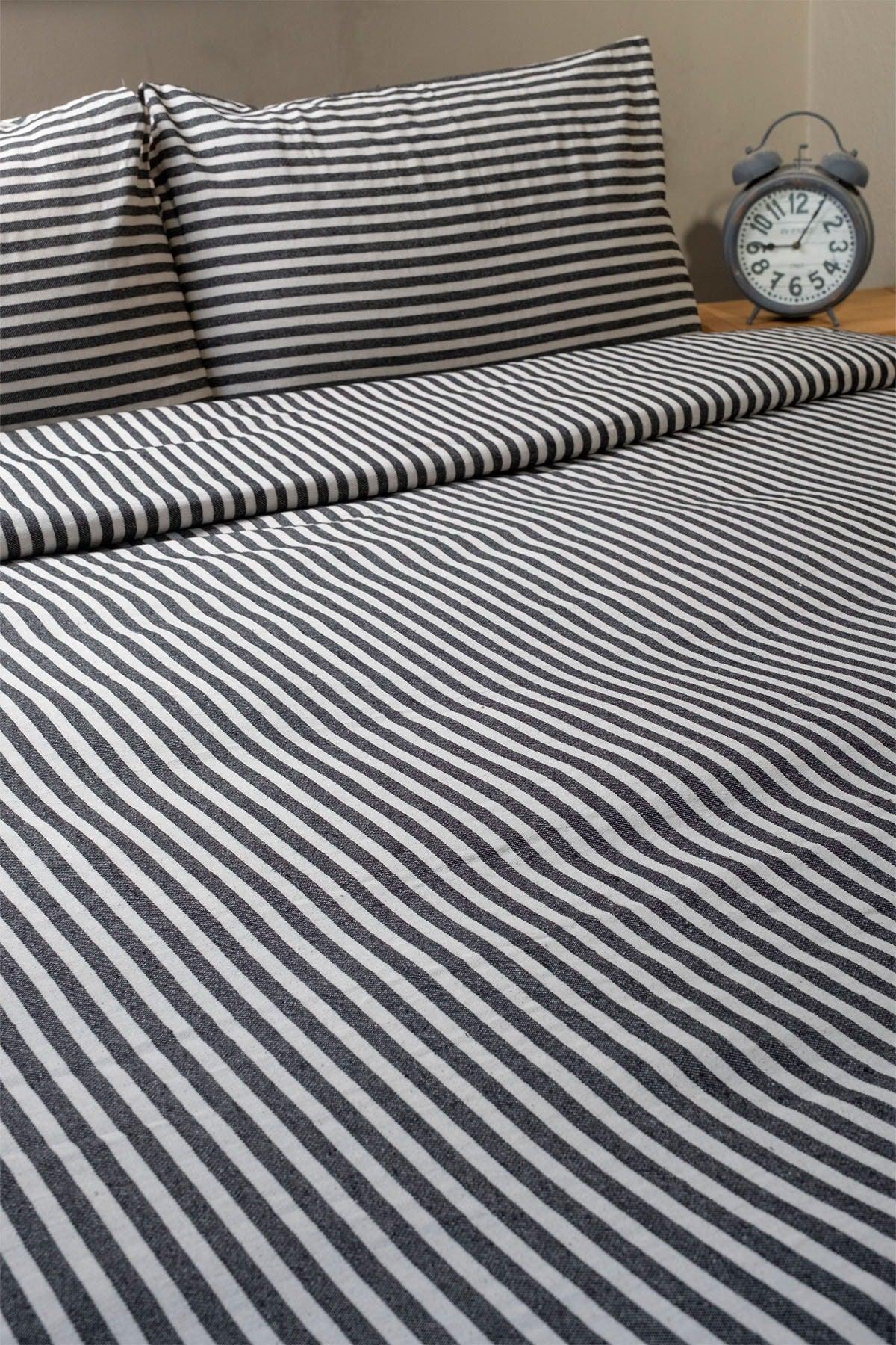 Black Striped Linen Double Duvet Cover & Pillow Set 200x220 Cm - Swordslife