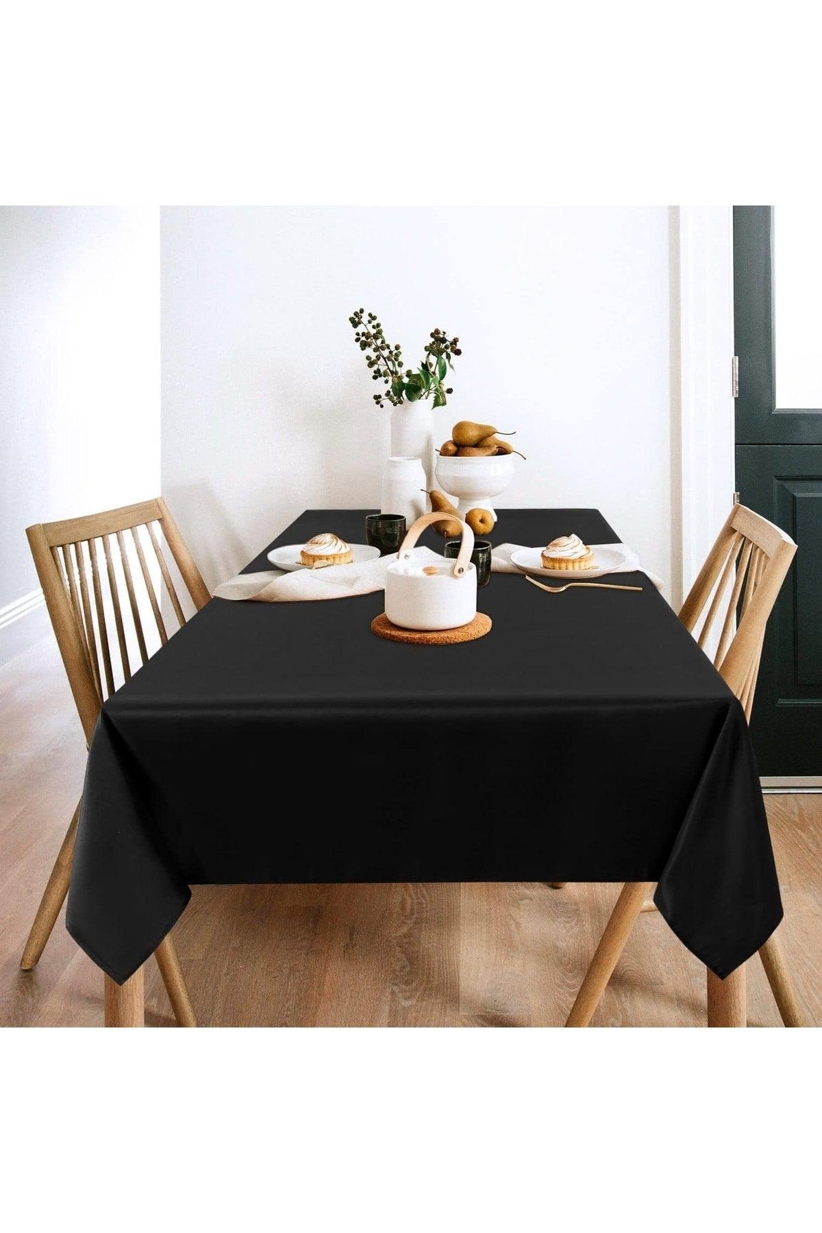 Black Luxury Kitchen Table Cloth Polycotton Flowy Fabric Washable Size Option - Black Table Cloths - Swordslife