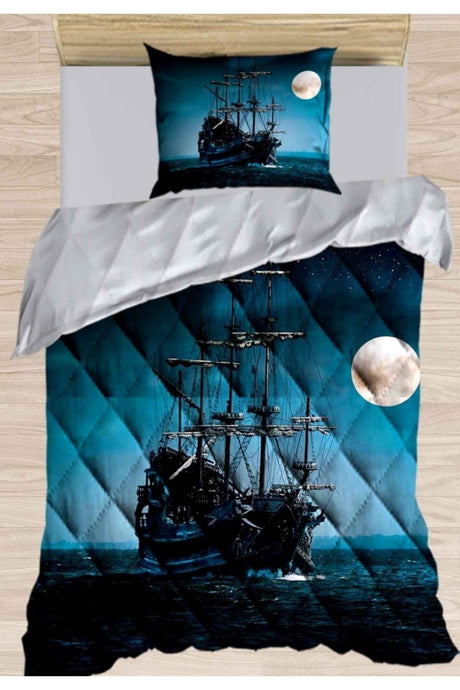 Black Blue Ship Sea 3d Patterned Single Microfiber Duvet Sleeping Set - Swordslife