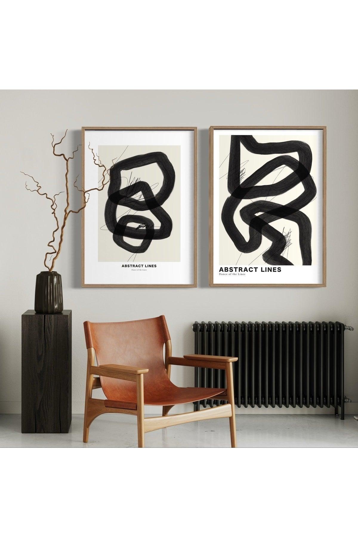 Black Abstract Lines Set of 2 Unframed Posters, Modern Painting Poster, Wall Decoration - Swordslife