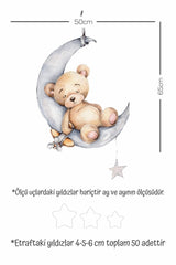 Cute Teddy Bear Sleeping On The Moon And White Stars Kids Baby Room Sticker Set - Swordslife