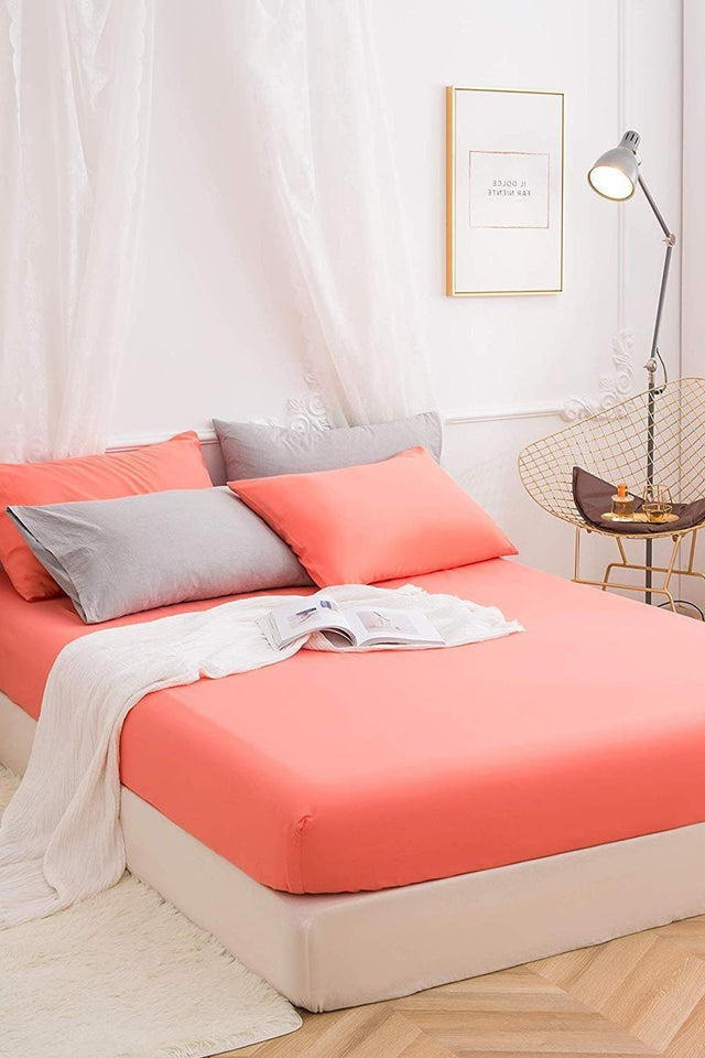 Salmon Oversized Elastic Combed Cotton Bed Sheet - Swordslife