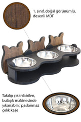 Wooden 3 Piece Cat Food And Water Container With Steel Bowl