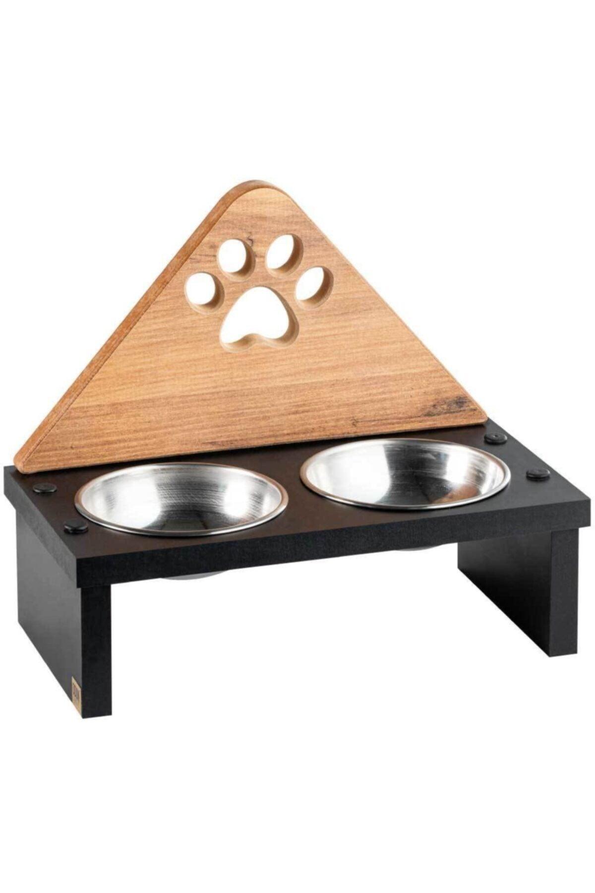 Steel Bowl Wooden Paw Patterned Cat Food And