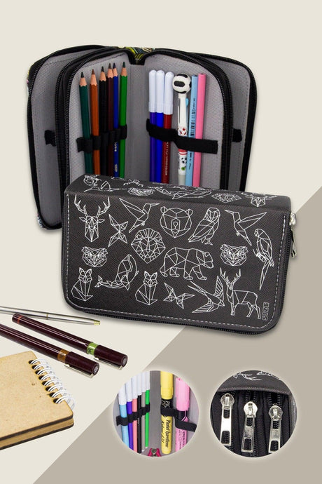 Pencil Case Geometric Drawing Three Compartments Vegan