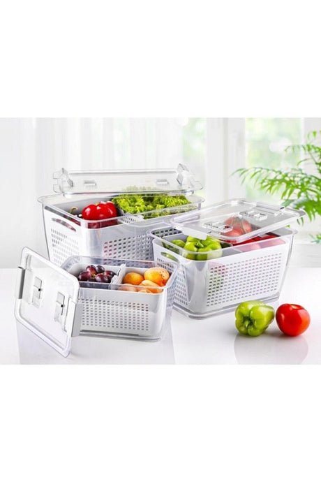 Air Conditioned Refrigerator Organizer And Leakproof Storage Container With Three Different Sizes With Strainer Compartments - Swordslife