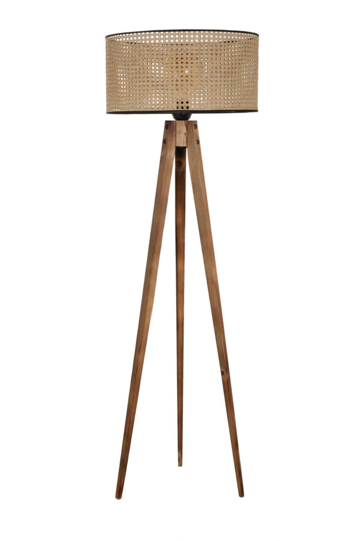 Tripod Floor Lamp Burnt Cylinder Rattan Lampshade - Swordslife