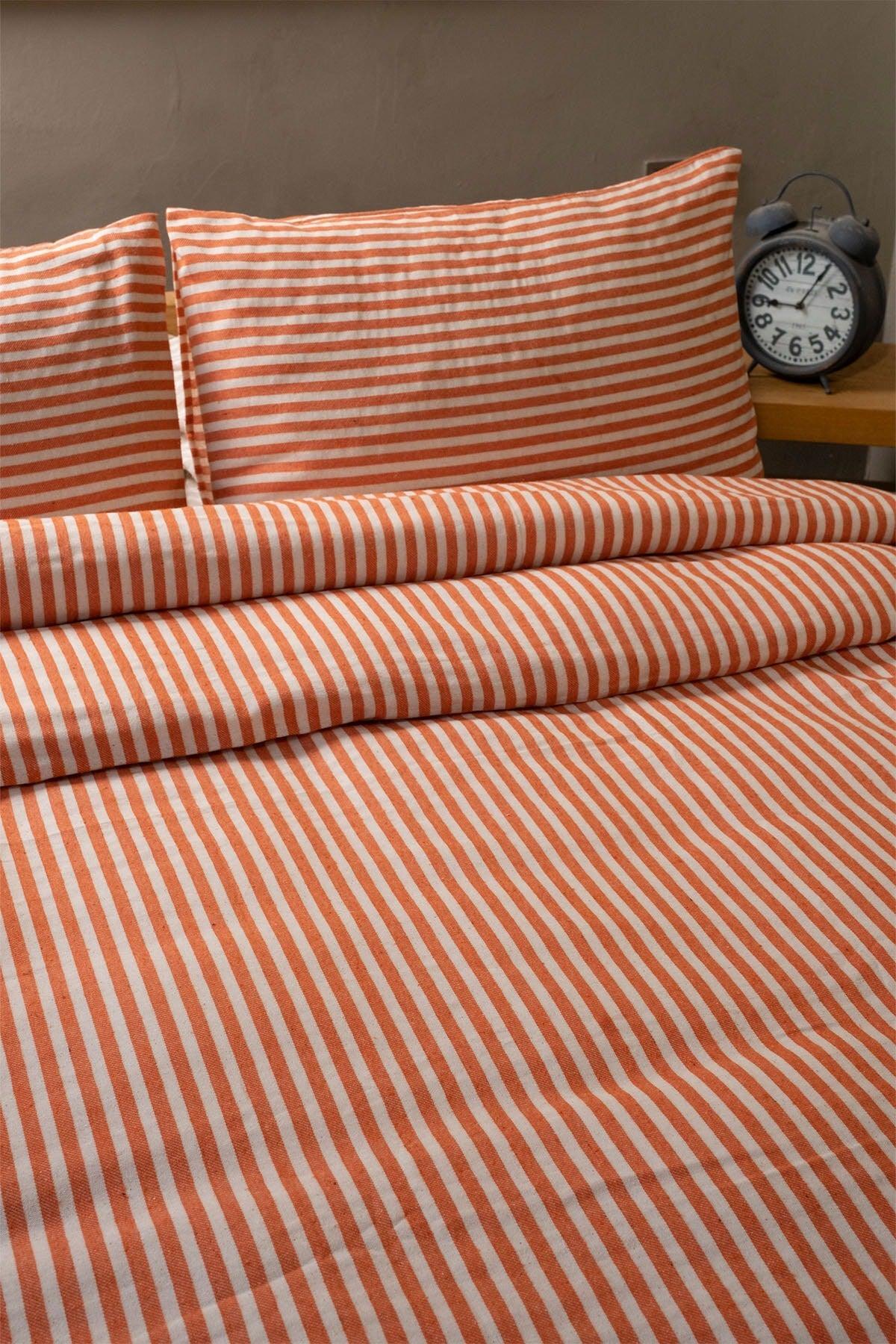 Orange Striped Linen Double Duvet Cover & Pillow Set 200x220 Cm - Swordslife