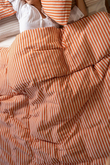 Orange Striped Linen Double Duvet Cover & Pillow Set 200x220 Cm - Swordslife