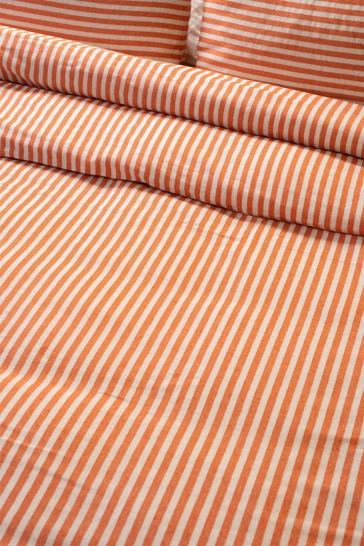 Orange Striped Linen Double Duvet Cover & Pillow Set 200x220 Cm - Swordslife