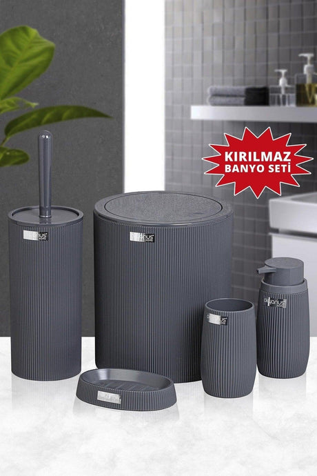 Unbreakable Anthracite Striped Round 5 Piece Bathroom Set - Swordslife