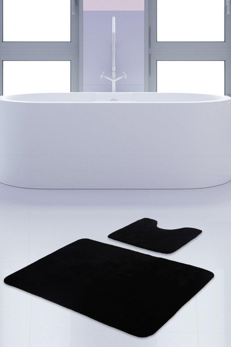 Unicolor Plain Black 2 Piece Bath Mat Rug Set Non-Slip Toilet Seat Base Set - Swordslife