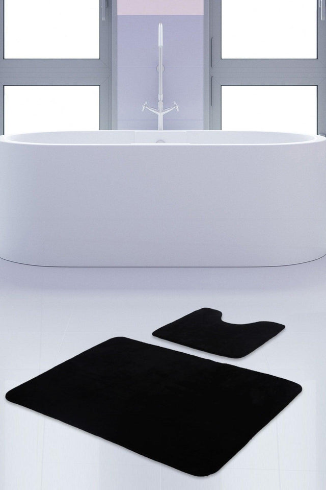 Unicolor Plain Black 2 Piece Bath Mat Rug Set Non-Slip Toilet Seat Base Set - Swordslife