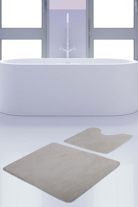 Unicolor Plain Cream 2 Piece Bath Mat Rug
