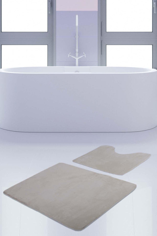 Unicolor Plain Cream 2 Piece Bath Mat Rug