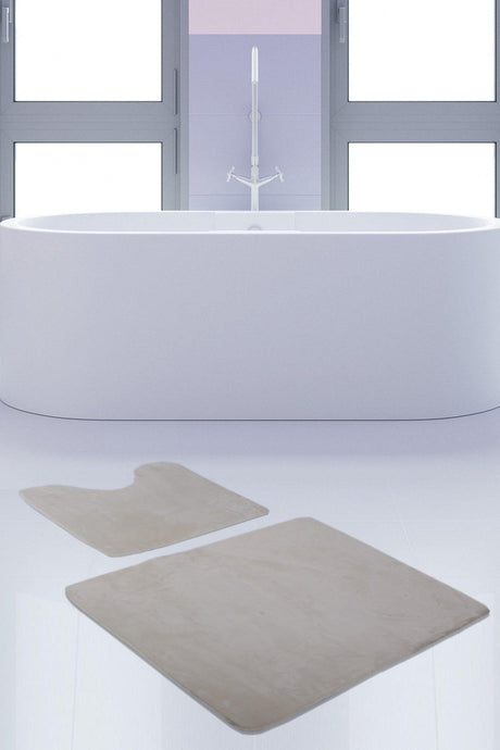Unicolor Plain Cream 2 Piece Bath Mat Rug