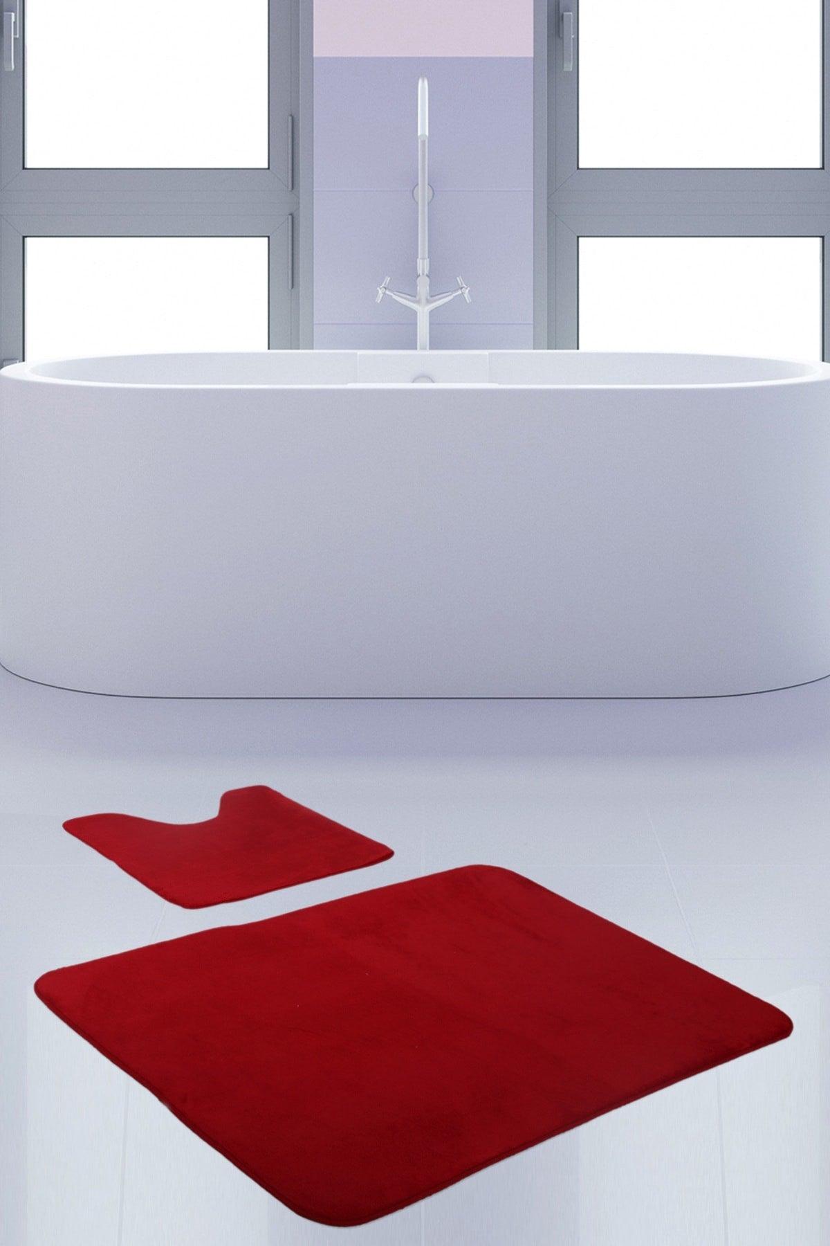 Unicolor Plain Red 2 Piece Bath Mat Rug Set Non-Slip Floor Closet Set - Swordslife