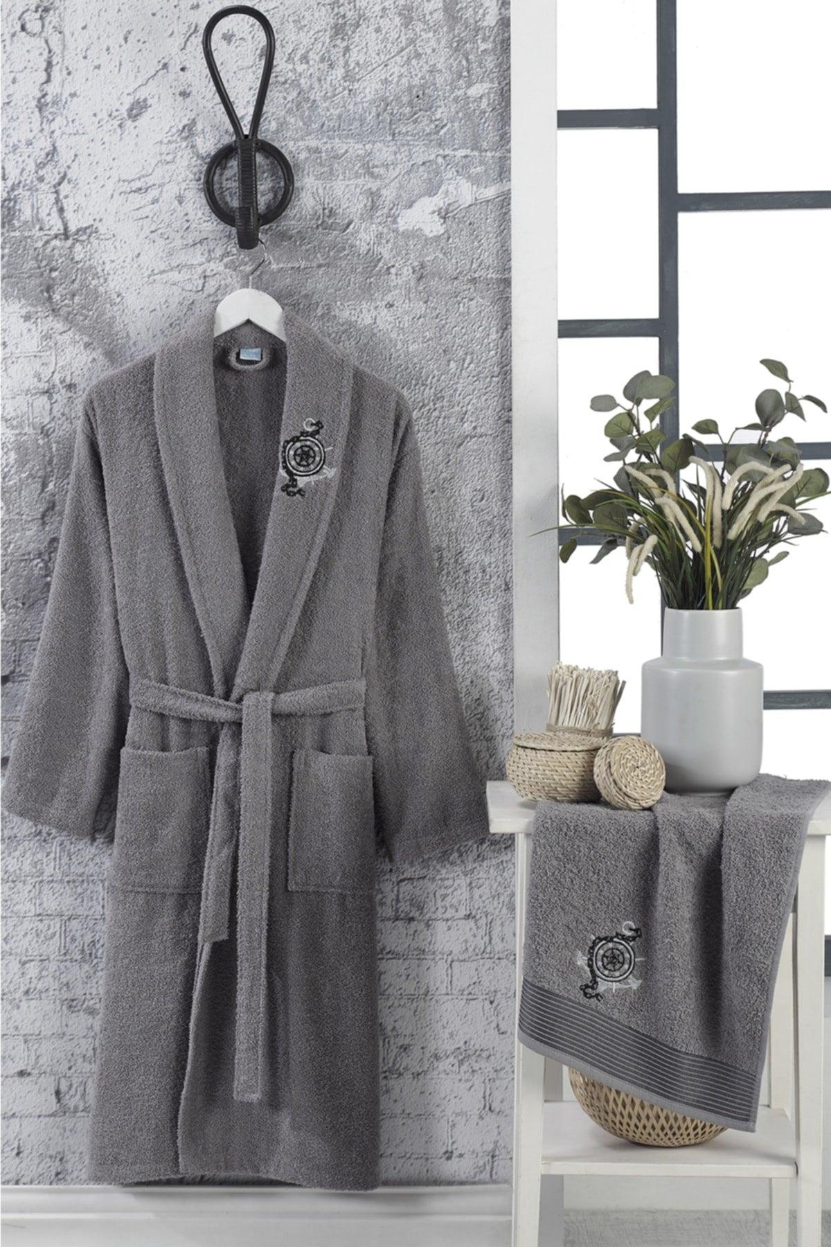 Unisex Anthracite Embroidered Towel And Bathrobe Set - Swordslife