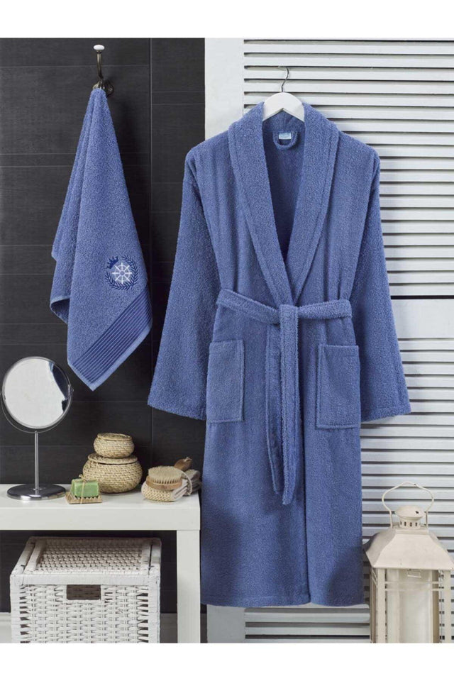 Unisex Navy Blue Towel Bathrobe Set of 2 - Swordslife