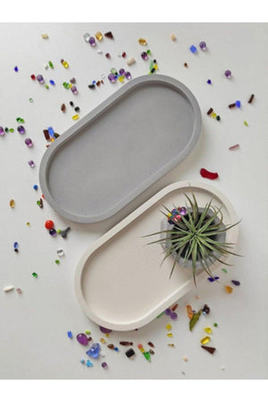 Uwey White And Gray 2pcs Decorative Oval Concrete Trinket Plate Jewelry Plate Candle Plate Organizer Candle Holder - Swordslife