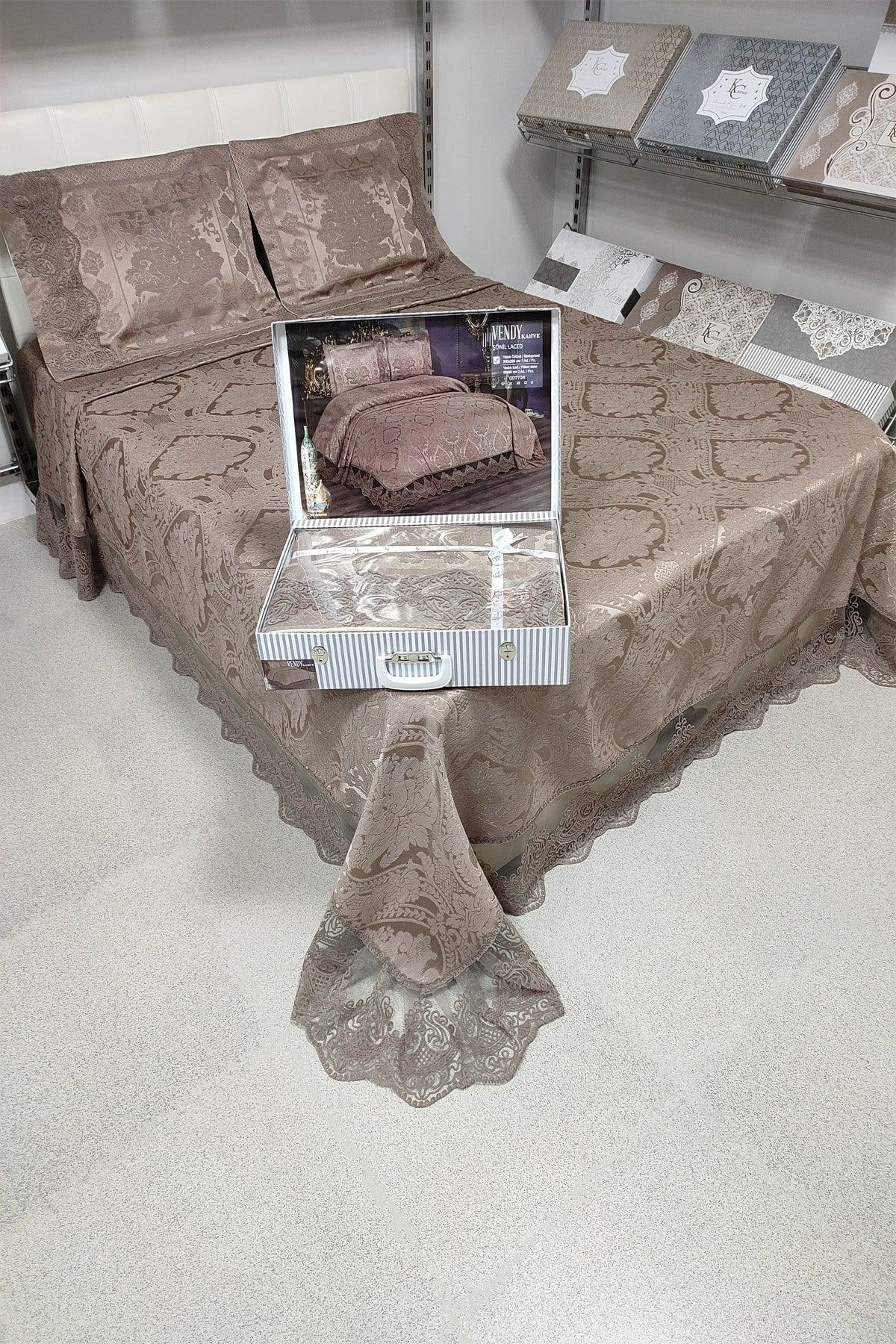 Vendy Double French Cort Lace Chenille Bedspread (260x260) (coffee) - Swordslife
