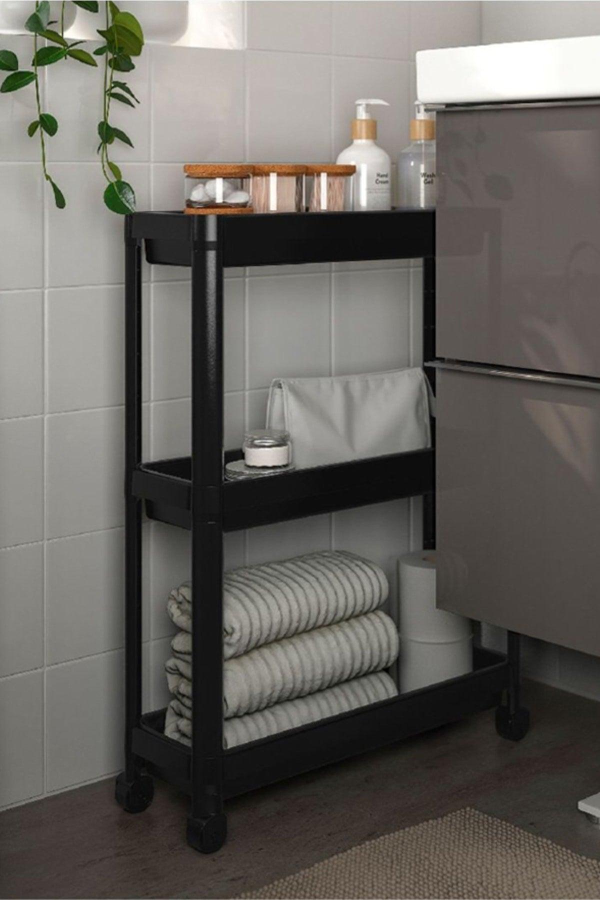 Vesken 2-Tier Set 4-Tier Bathroom Shelf And 3-Tier Slim Shelf Unit With Wheels Black - Swordslife