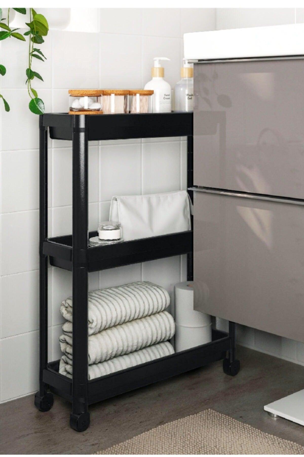 Vesken Wheeled Shelving Unit 3 Tiers Black Bathroom Shelf Kitchen Shelf Serving Table Organizer - Swordslife