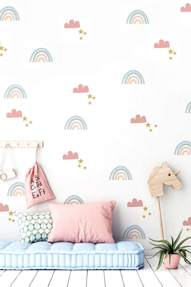 Wall Sticker Kids Room - Pink Rainbow Cloud And Stars Decorative Wall Ornament - Swordslife