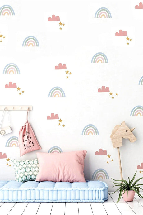 Wall Sticker Kids Room - Pink Rainbow Cloud And Stars Decorative Wall Ornament - Swordslife