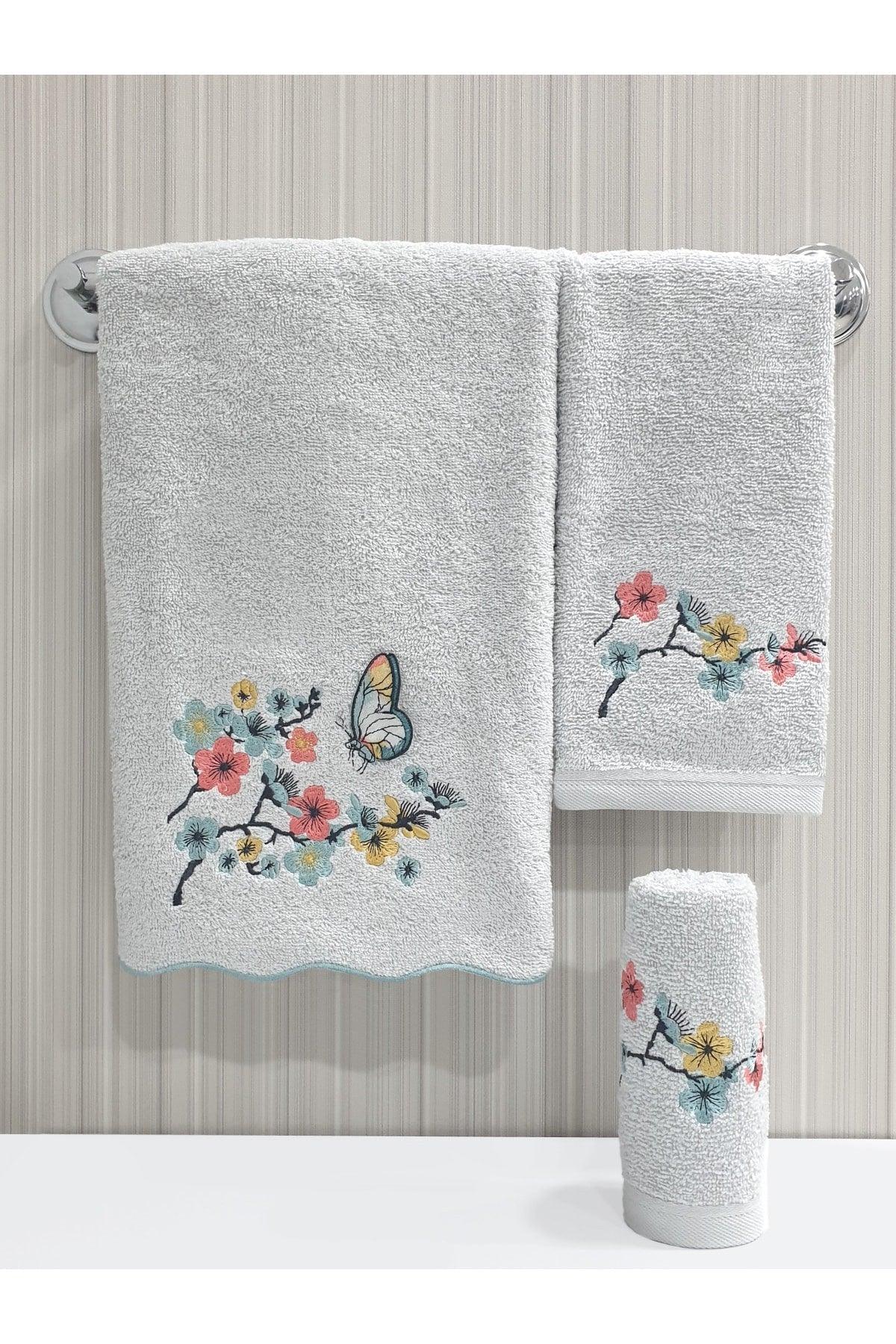 3 Piece Towel Set With Wavy Edge Embroidery