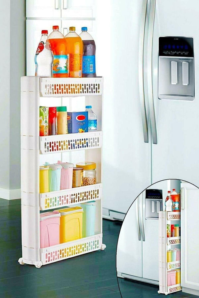 Wheeled Rectangular 4 Tiers Shelving Unit White Bathroom Kitchen Organizer Organizer Shelf - Swordslife