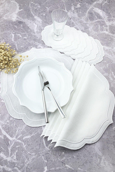 White Color Double Wrap Embroidered 12 Piece Set Placemat And Cocktail Napkin - Swordslife