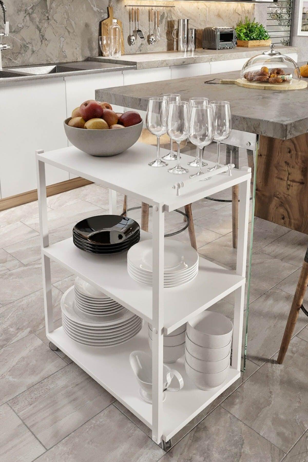 White Modern Decorative Mdf Wooden Service Presentation Trolley 3 Shelves Servant - Swordslife