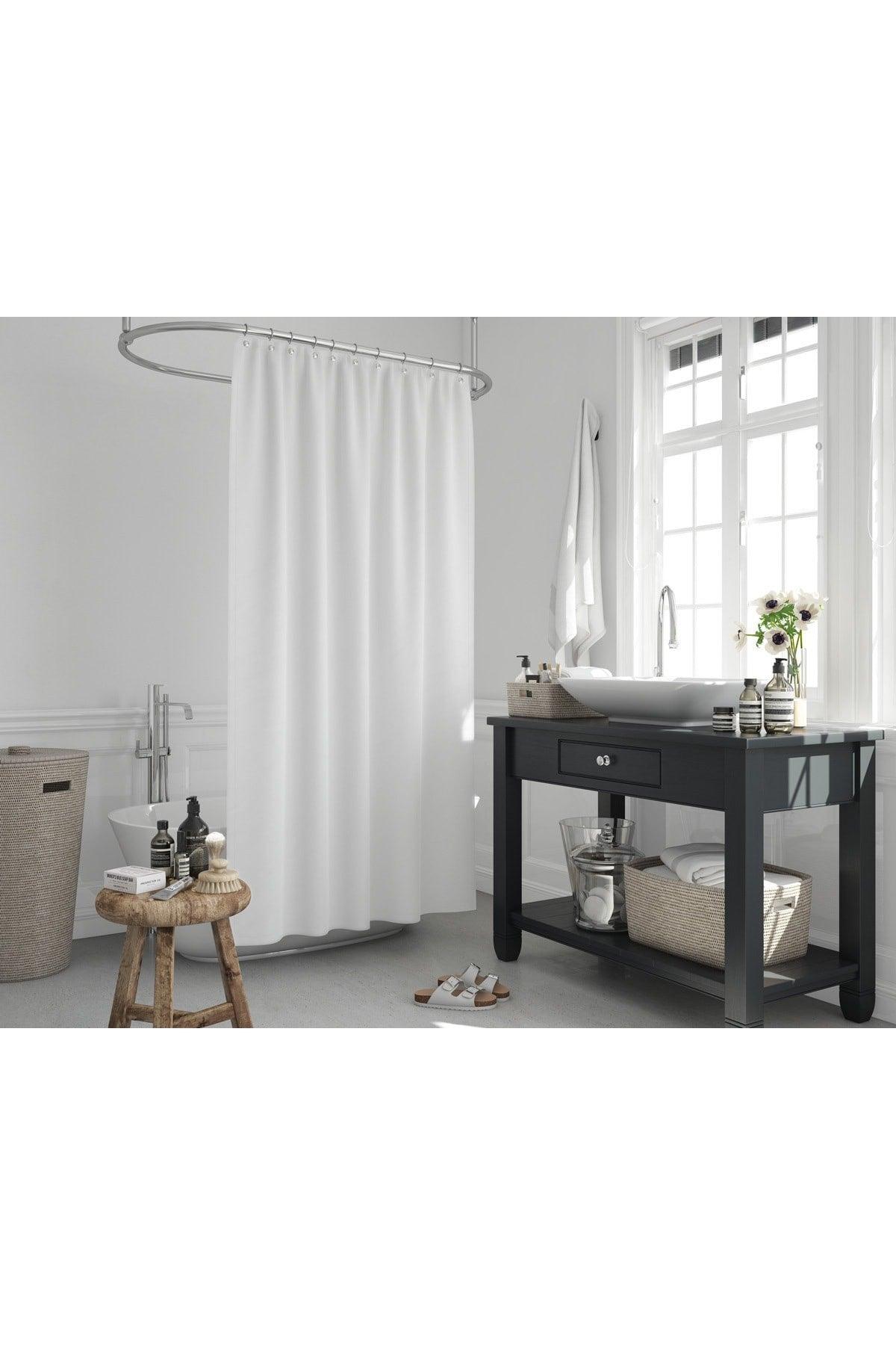 White Shower Curtain-polyester Fabric Solid Color Bathroom Curtains, 180x200cm Bathroom Curtain - Swordslife