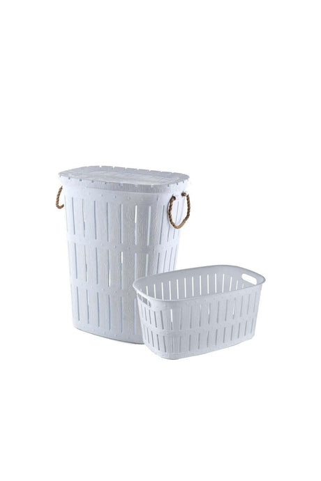 White Wooden Look Rope Dirty Basket and