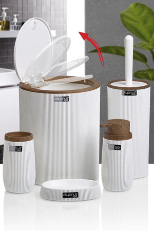 White Wooden Striped Round 5 Piece Bathroom Set
