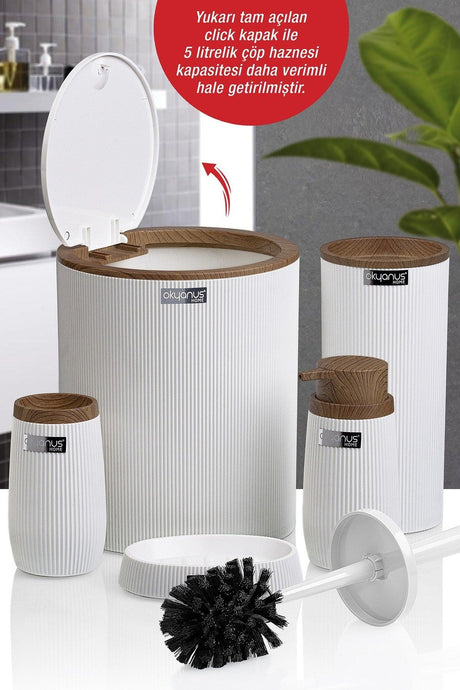 White Wooden Striped Round 5 Piece Bathroom Set