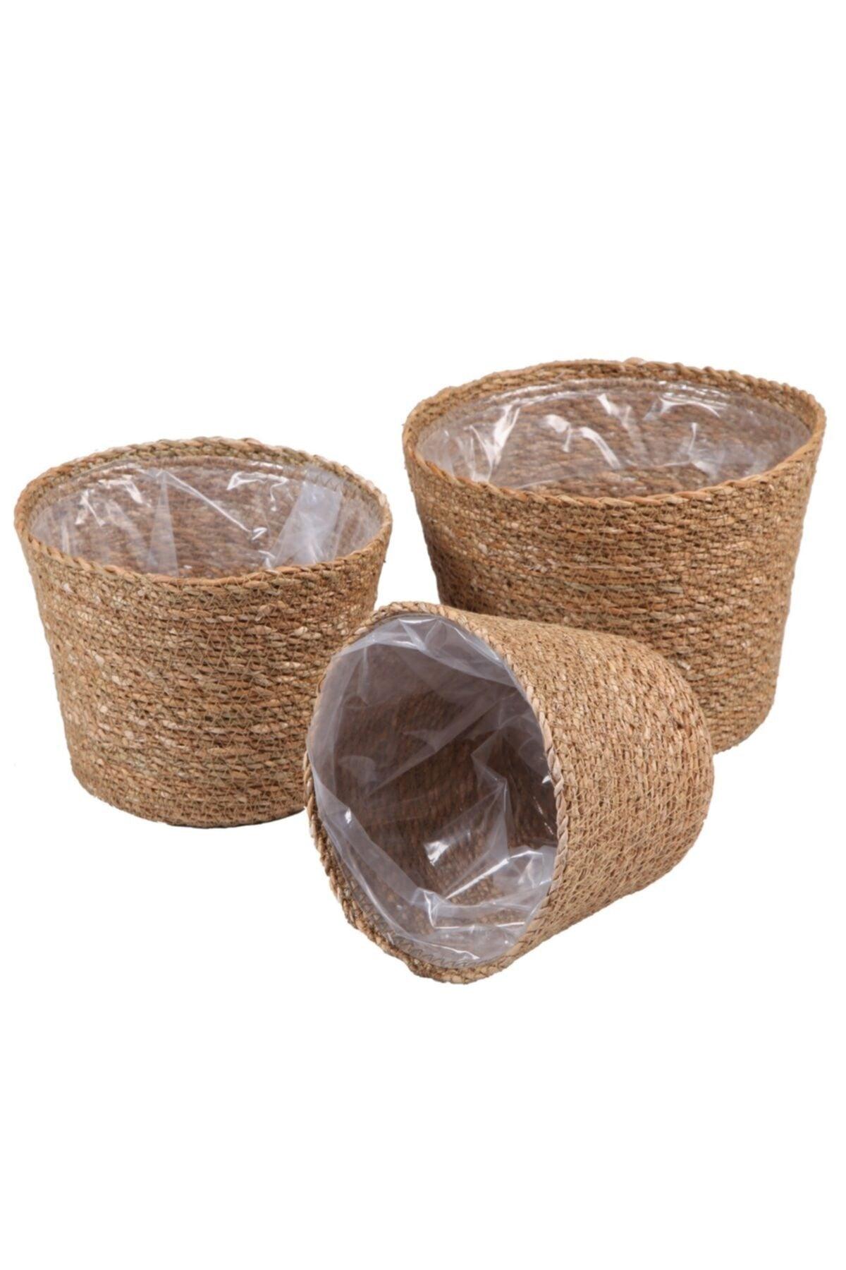 Wicker Basket Flowerpot Set of 3 Round Flowerpot with Bag - Swordslife