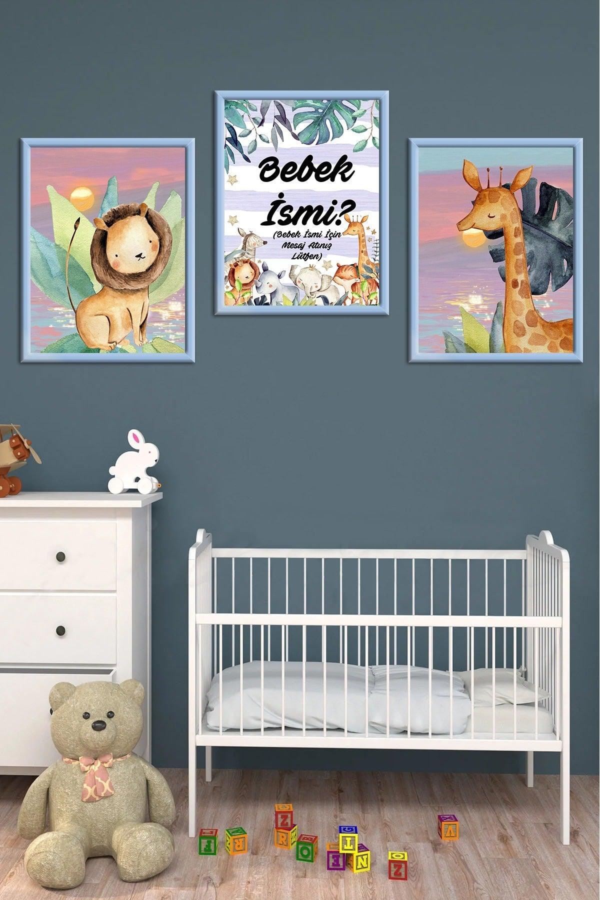 Wooden Large Framed Framed Baby Boy Girl, Kids Room Painting Set With Name - Swordslife