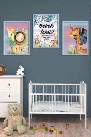 Wooden Large Framed Framed Baby Boy Girl, Kids Room Painting Set With Name - Swordslife
