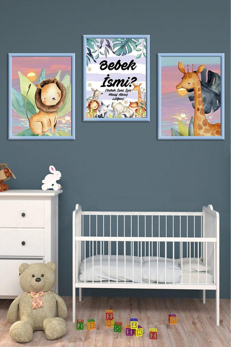 Wooden Large Framed Framed Baby Boy Girl, Kids Room Painting Set With Name - Swordslife