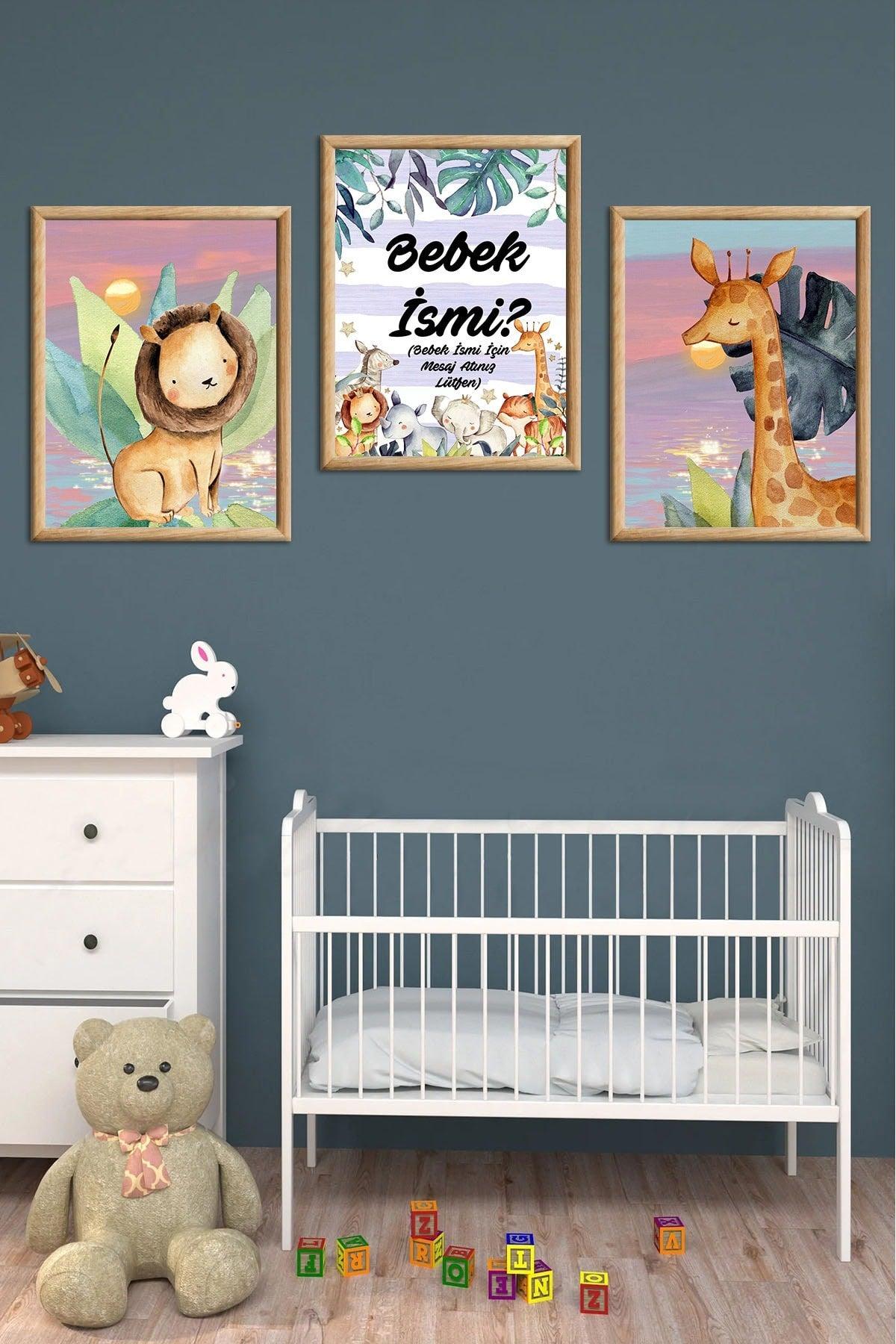 Wooden Large Framed Framed Baby Boy Girl, Kids Room Painting Set With Name - Swordslife