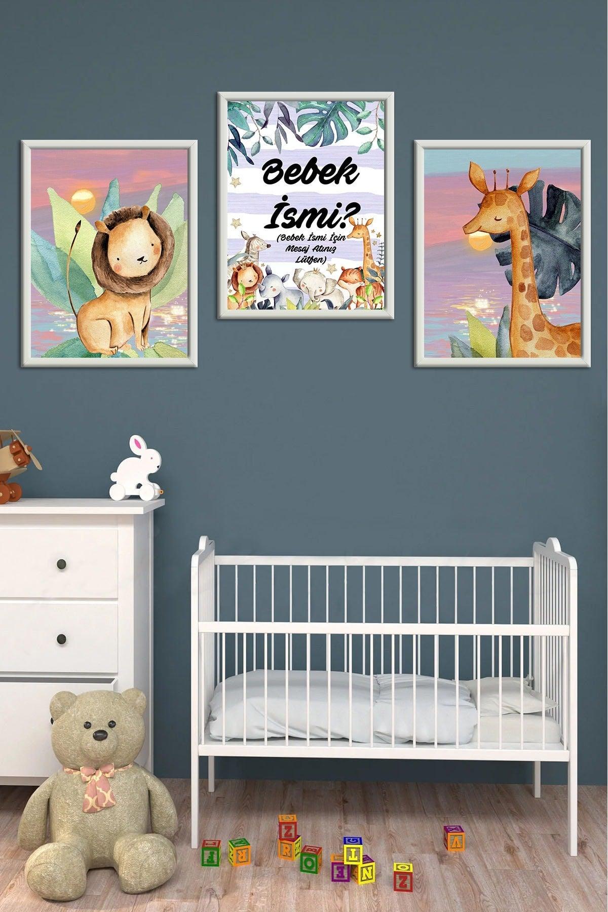 Wooden Large Framed Framed Baby Boy Girl, Kids Room Painting Set With Name - Swordslife