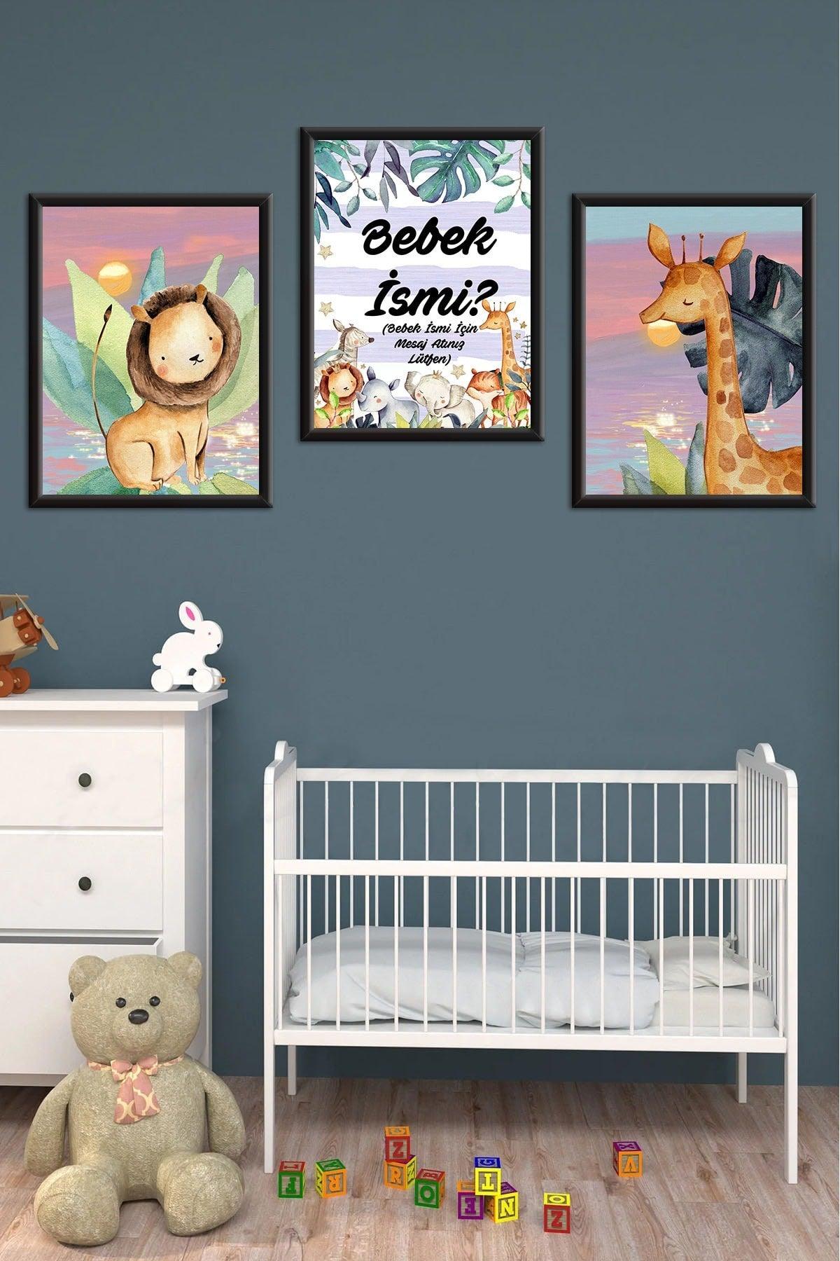 Wooden Large Framed Framed Baby Boy Girl, Kids Room Painting Set With Name - Swordslife