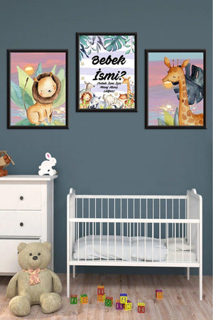Wooden Large Framed Framed Baby Boy Girl, Kids Room Painting Set With Name - Swordslife