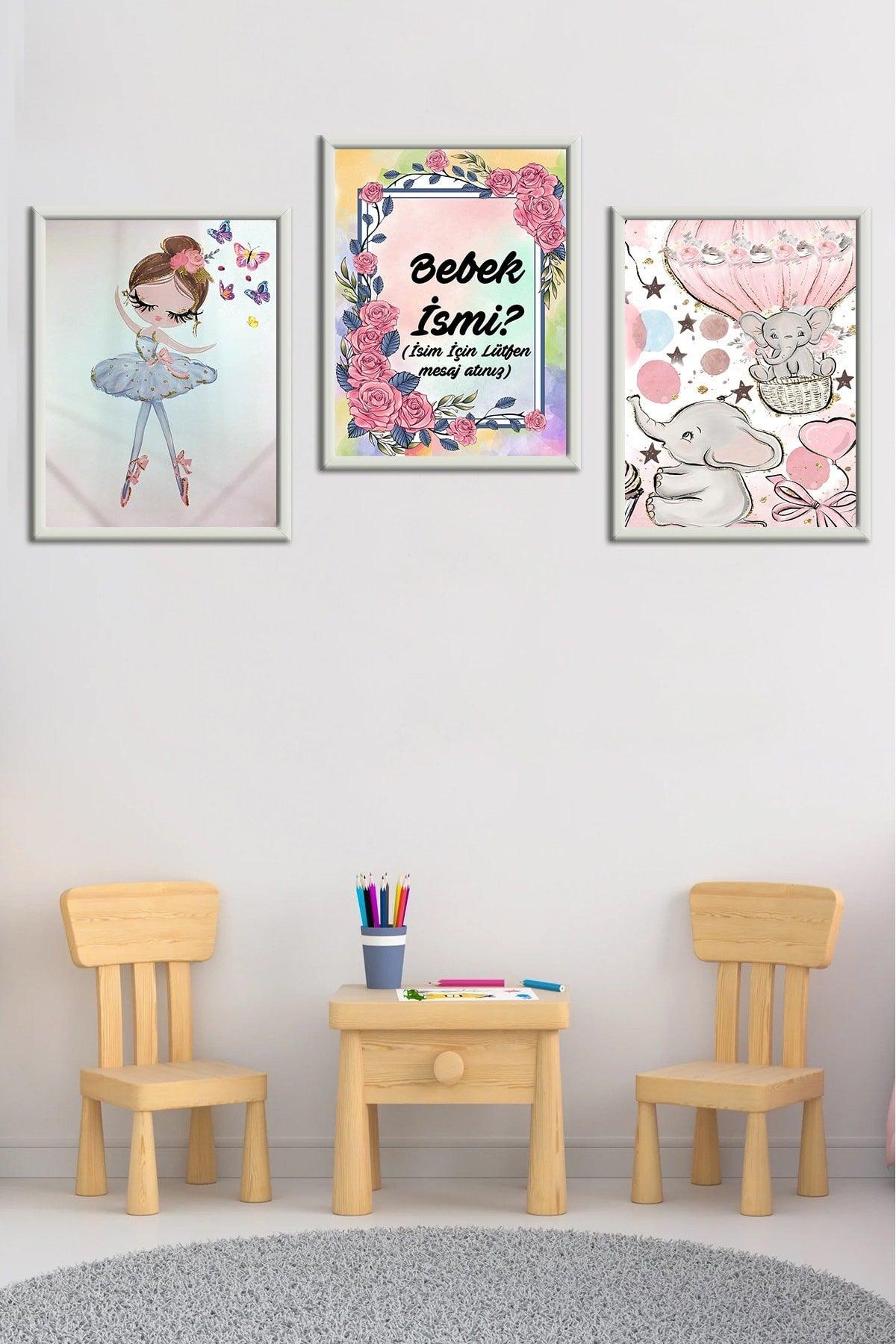Wooden Large Framed Framed Baby Boy Girl, Kids Room Painting Set With Name - Swordslife