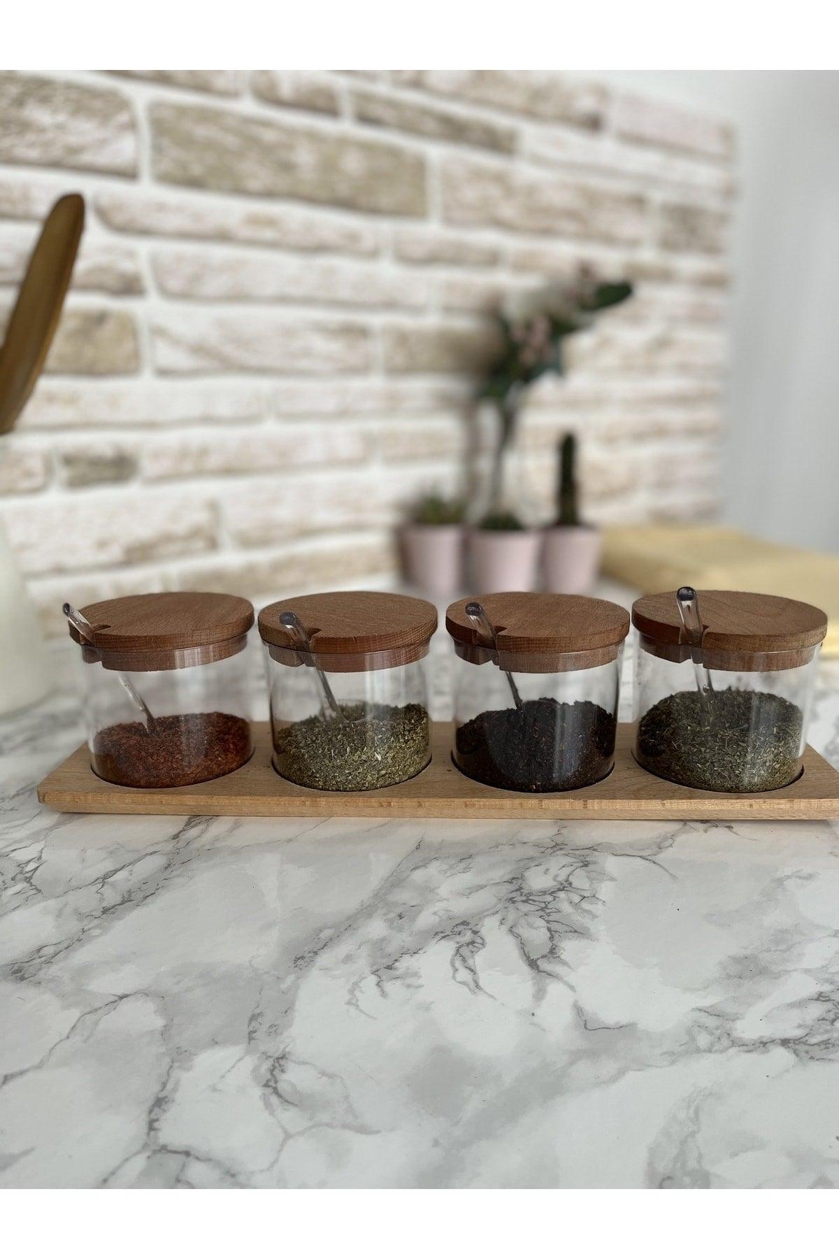 Wooden Lid Mica 4-Piece Spice Container (with stand