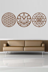 Flower of Life Lotus Flower And Sri Yantra Set Of 3 Brown Wall Painting - Swordslife